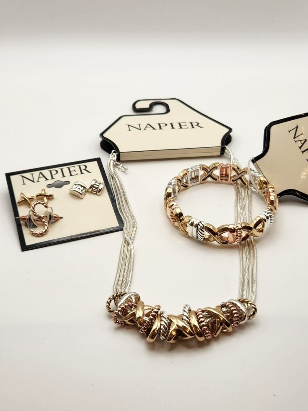 Napier set earrings, necklace & bracelet tri-color hardware costume NEW